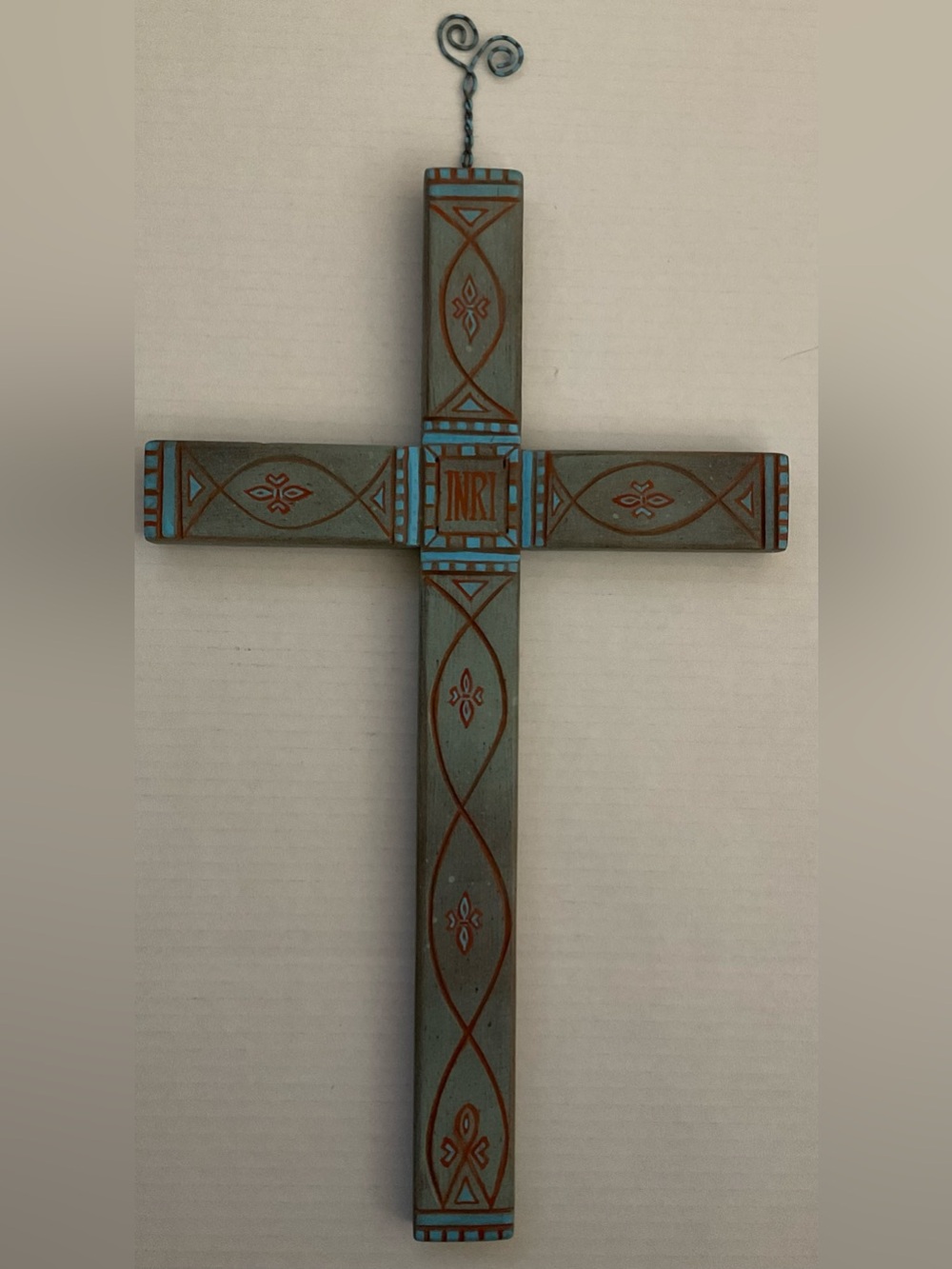 Handmade Decorative Wooden Painted Carved Wall CrossTeal and Rust -INRI Accent